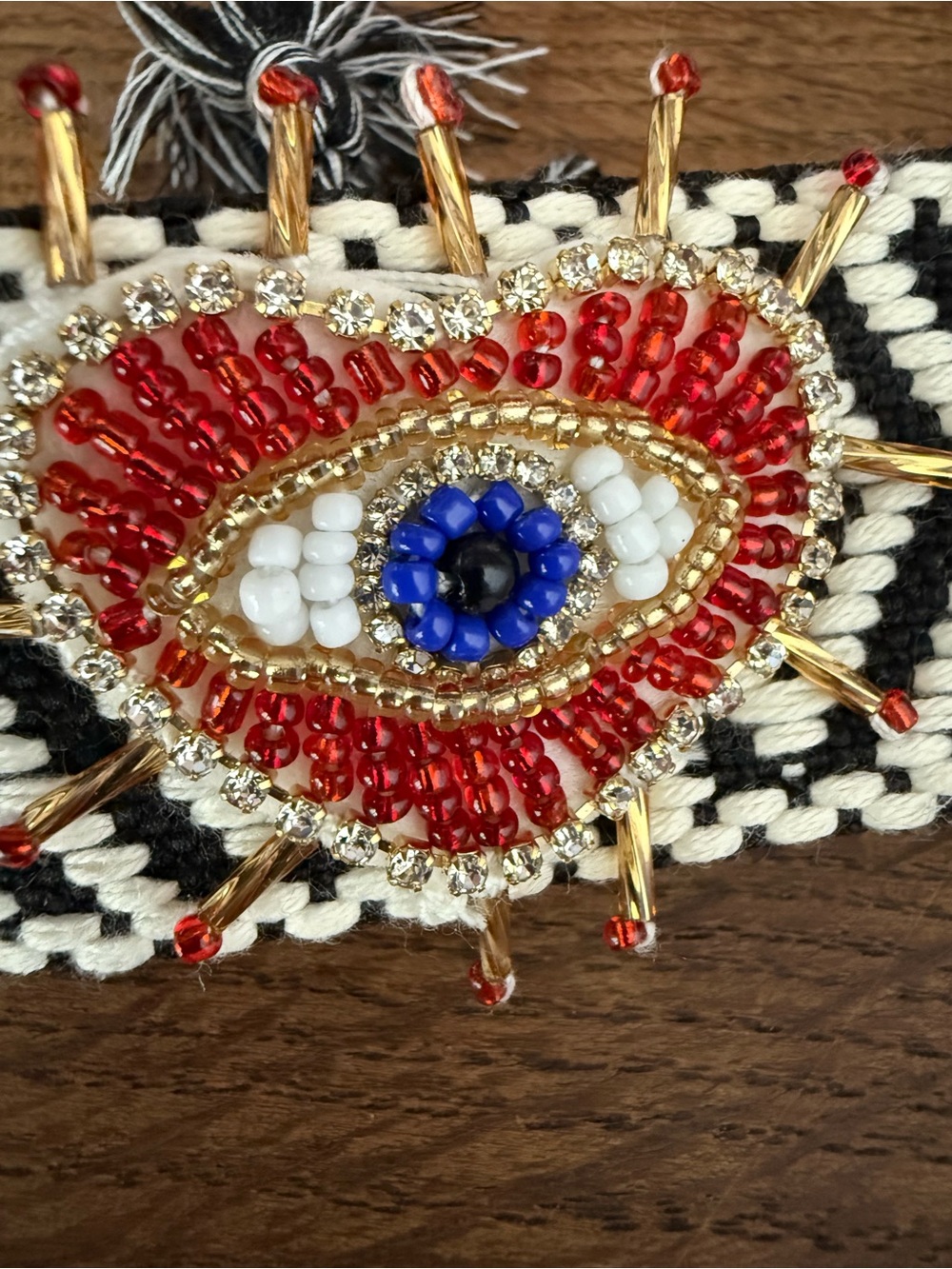 Black White Woven Beaded Evil Eye Heart Tassel Cuff Bracelet Adjustable